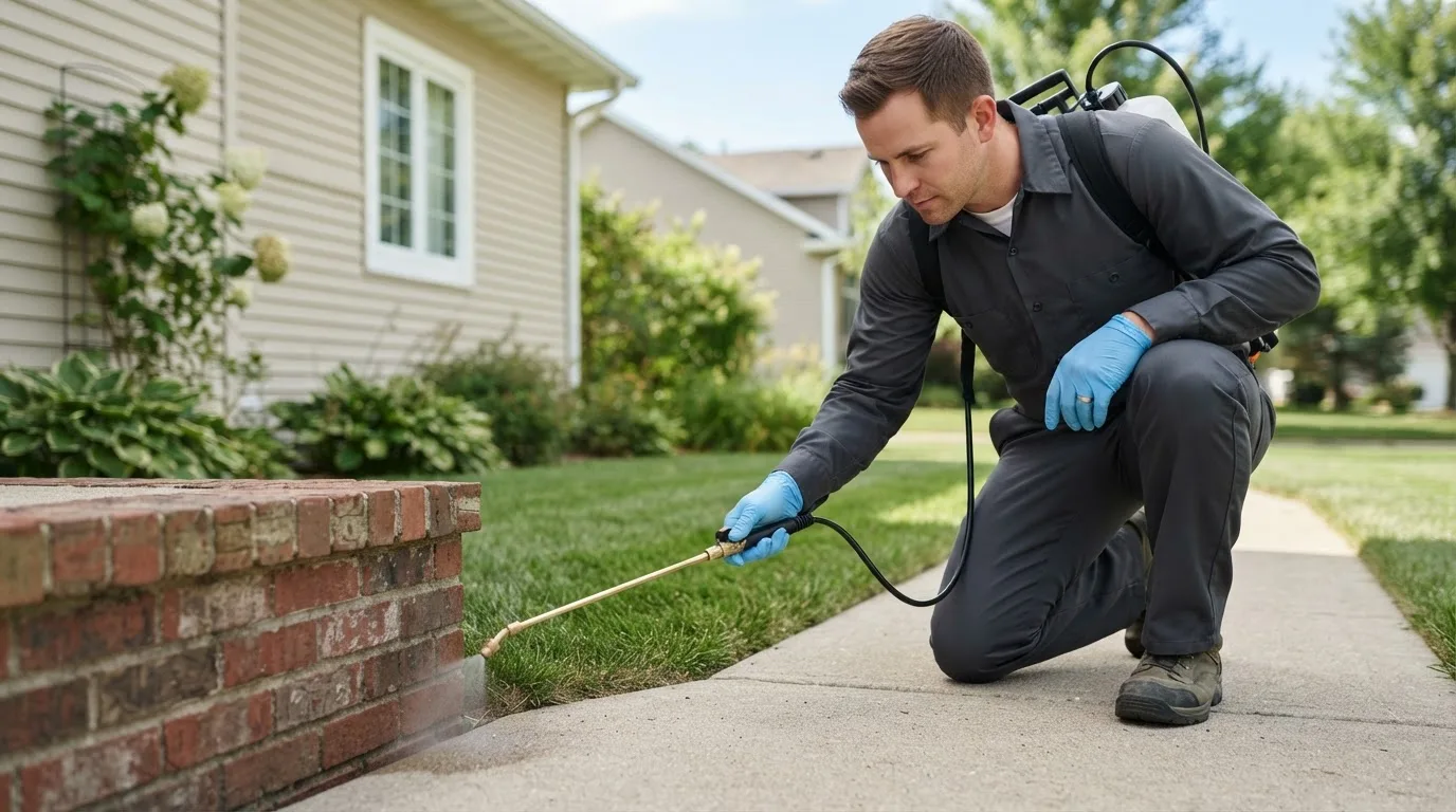 Pest control technician treating a home near Chase, KS